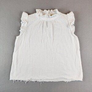 Stark‎ X Muslin Texture Cotton Top Raw Fray Hem White Beachy Blouse Ruffle Sz Sm